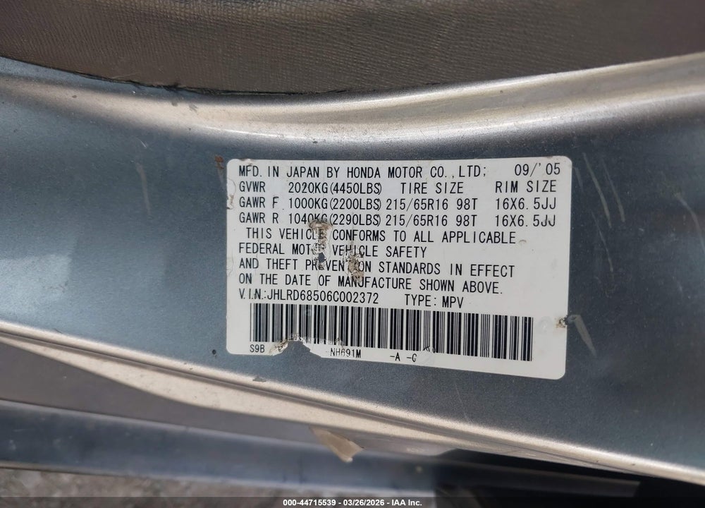 2006 HONDA CR-V LX VIN: JHLRD68506C002372