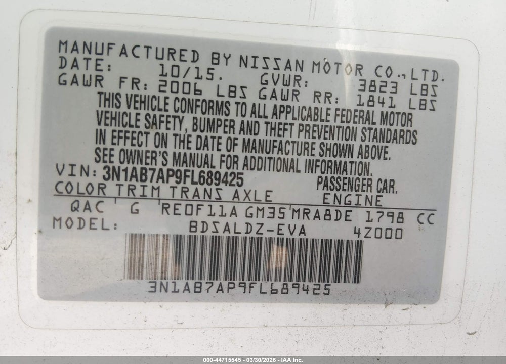 2015 NISSAN SENTRA SV VIN: 3N1AB7AP9FL689425