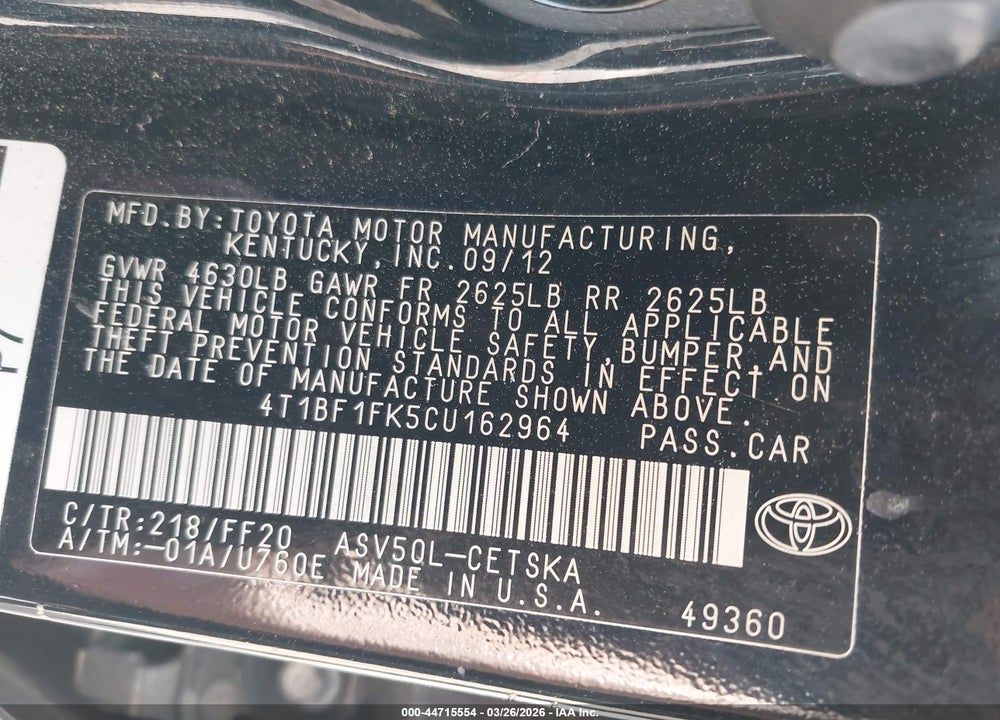 2012 TOYOTA CAMRY SE VIN: 4T1BF1FK5CU162964