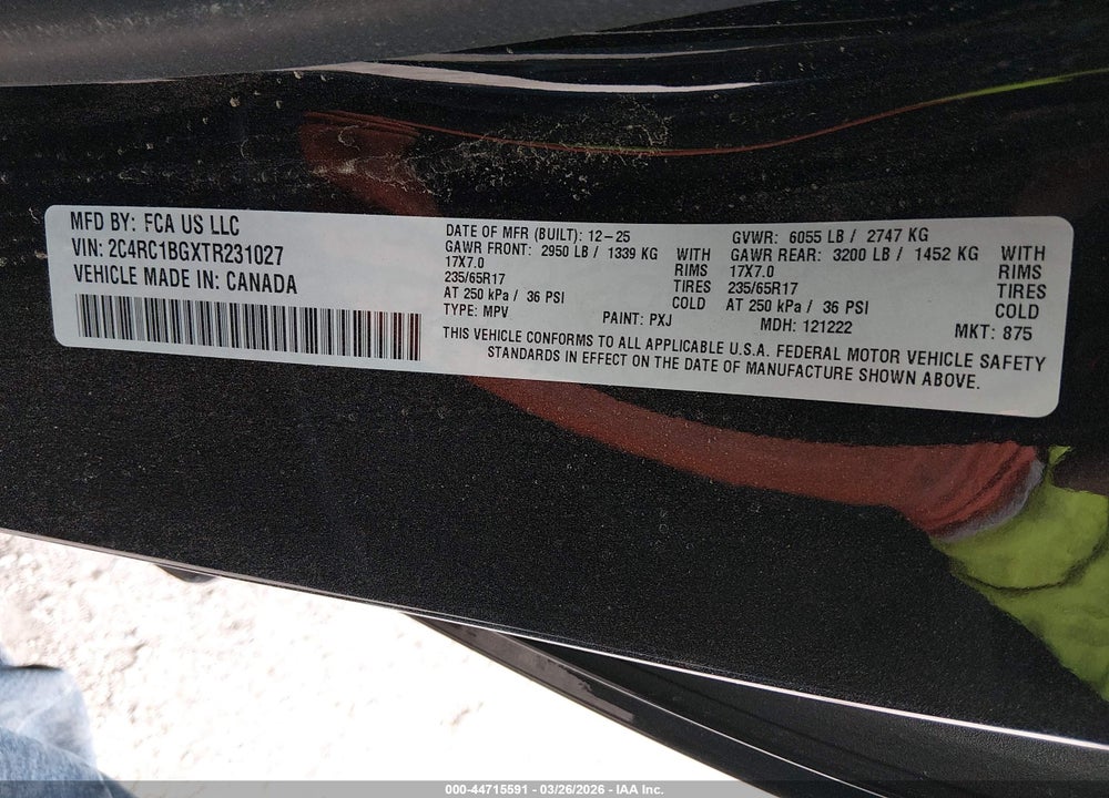 2026 CHRYSLER PACIFICA SELECT VIN: 2C4RC1BGXTR231027