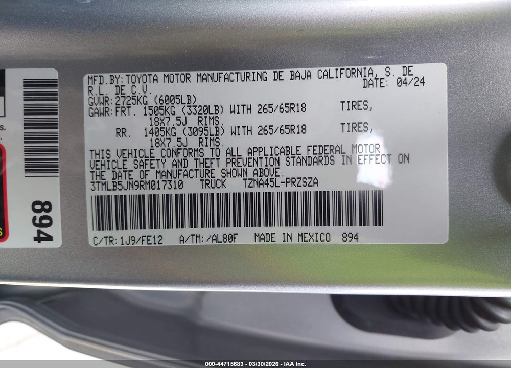 2024 TOYOTA TACOMA TRD SPORT VIN: 3TMLB5JN9RM017310