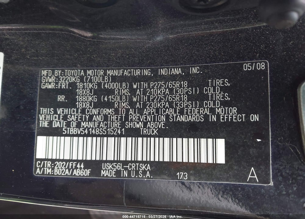 2008 TOYOTA TUNDRA SR5 5.7L V8 VIN: 5TBBV54148S515241