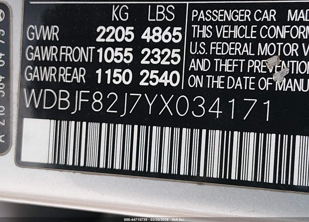2000 MERCEDES-BENZ E 320 4M VIN: WDBJF82J7YX034171