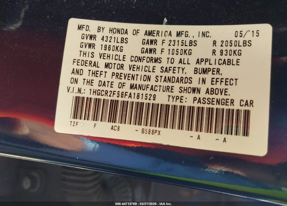 2015 HONDA ACCORD SPORT VIN: 1HGCR2F56FA181529
