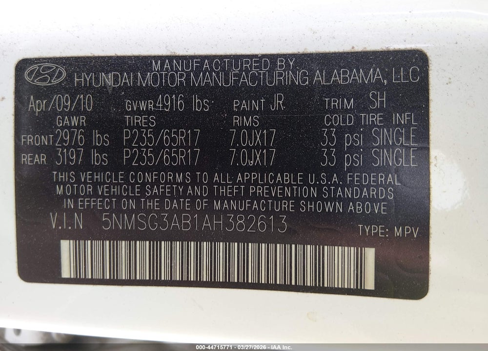 2010 HYUNDAI SANTA FE GLS VIN: 5NMSG3AB1AH382613