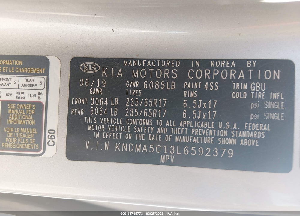 2020 KIA SEDONA L VIN: KNDMA5C13L6592379