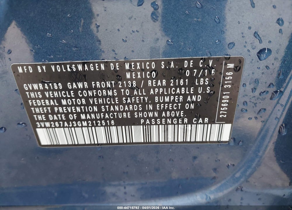 2016 VOLKSWAGEN JETTA 1.4T S VIN: 3VW267AJ3GM212516