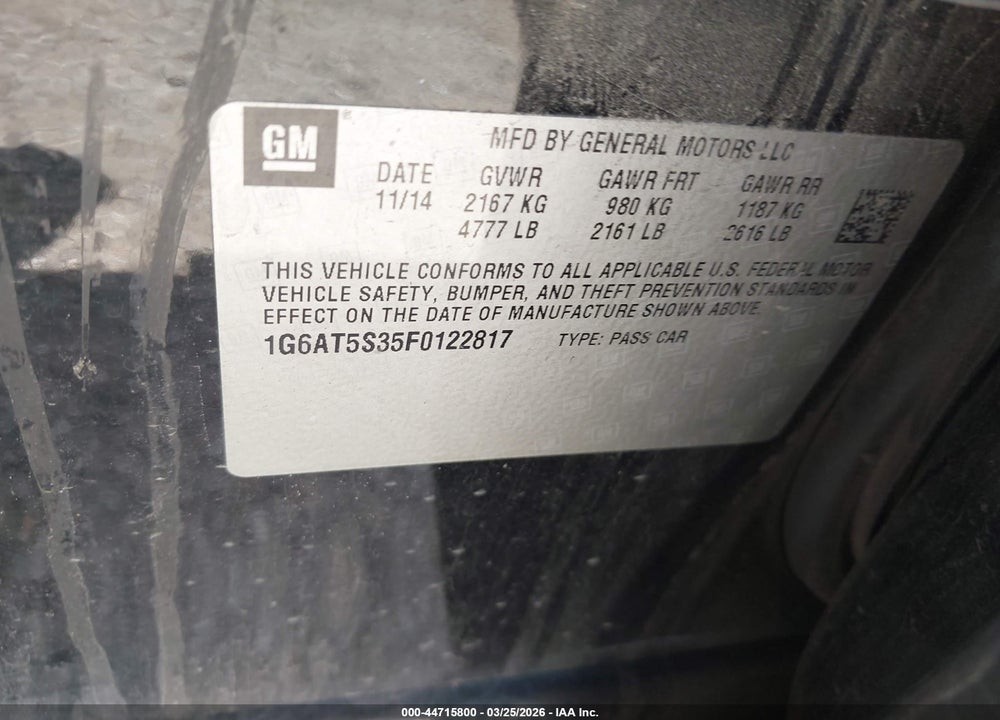 2015 CADILLAC CTS PREMIUM VIN: 1G6AT5S35F0122817