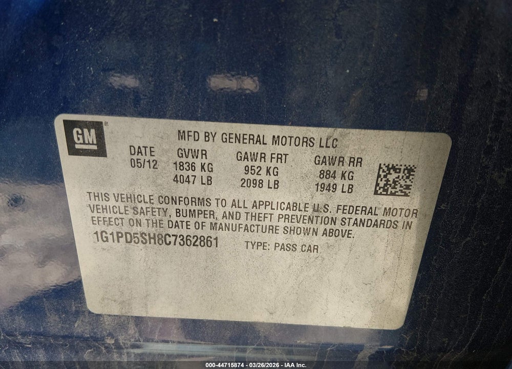 2012 CHEVROLET CRUZE LS VIN: 1G1PD5SH8C7362861