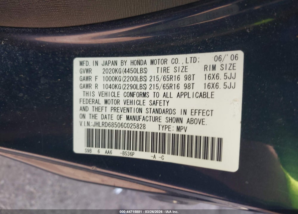 2006 HONDA CR-V LX VIN: JHLRD68506C025828