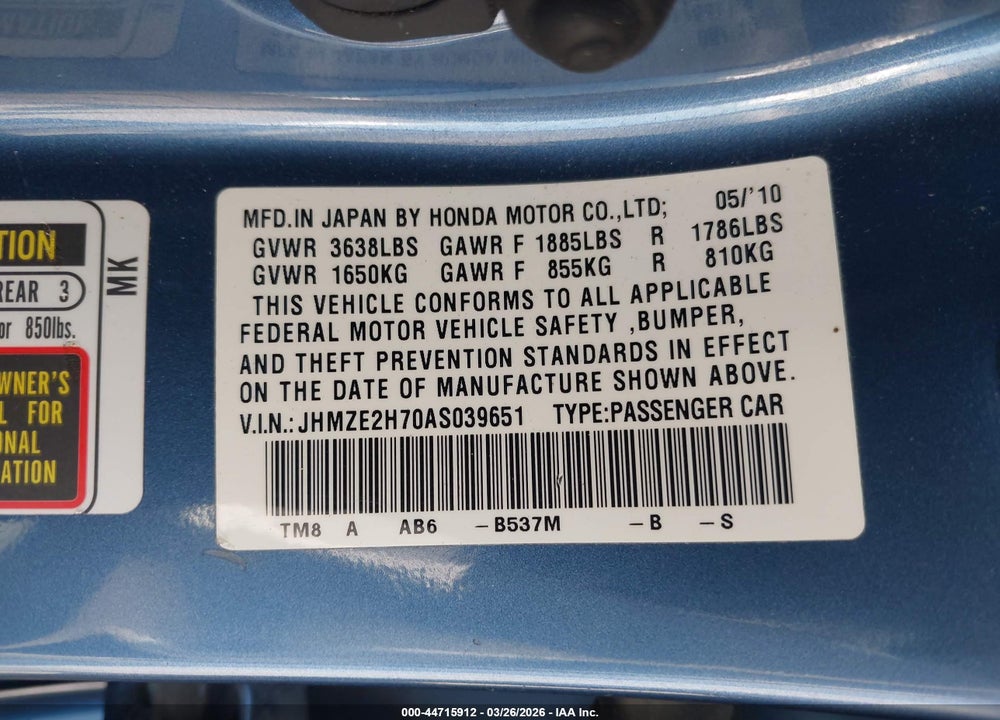 2010 HONDA INSIGHT EX VIN: JHMZE2H70AS039651