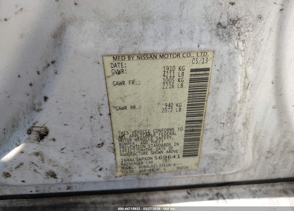 2013 NISSAN ALTIMA 2.5 S VIN: 1N4AL3APXDN569641
