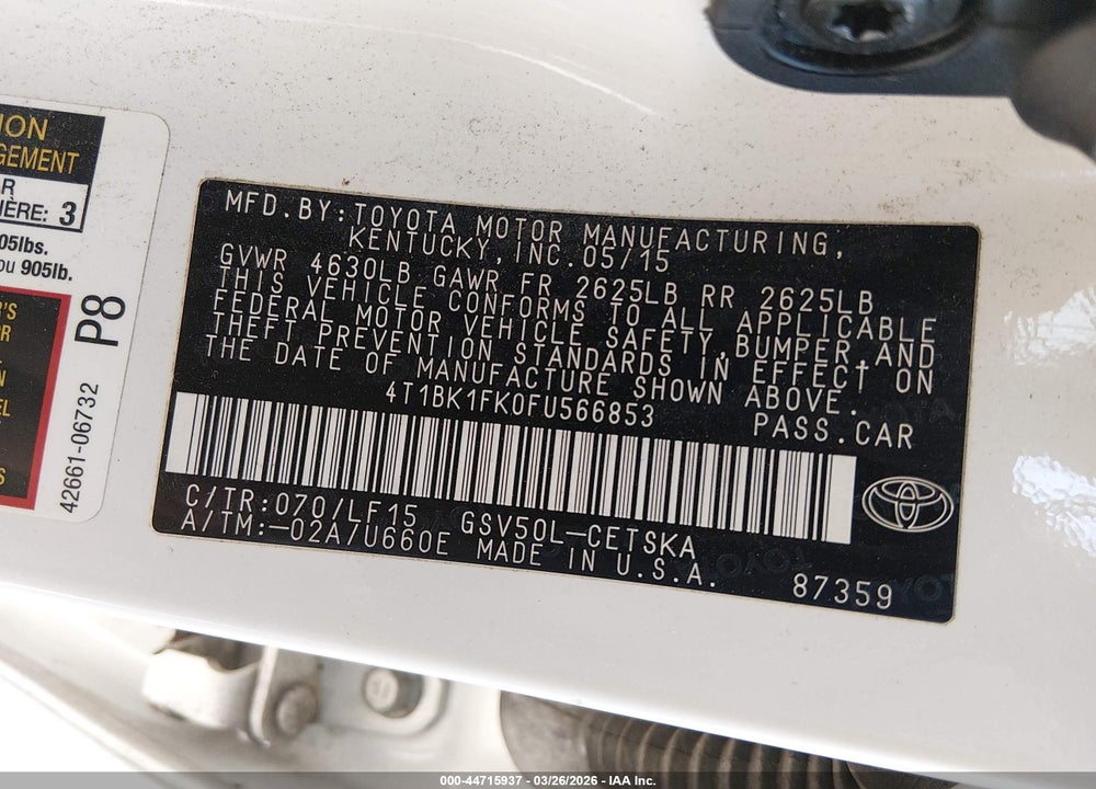 2015 TOYOTA CAMRY XSE V6 VIN: 4T1BK1FK0FU566853