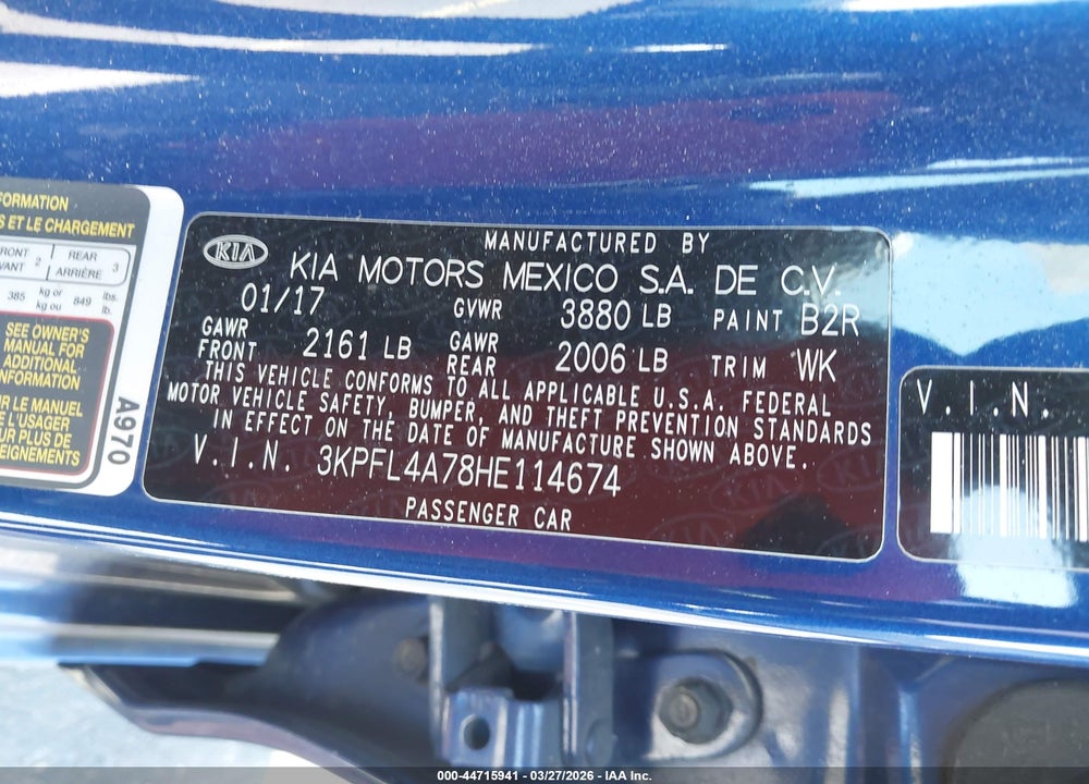 2017 KIA FORTE S VIN: 3KPFL4A78HE114674