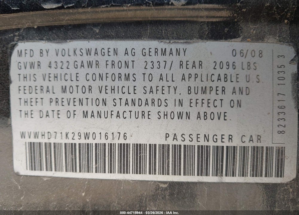 2009 VOLKSWAGEN GTI 4-DOOR VIN: WVWHD71K29W016176
