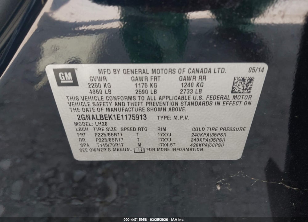 2014 CHEVROLET EQUINOX 1LT VIN: 2GNALBEK1E1175913