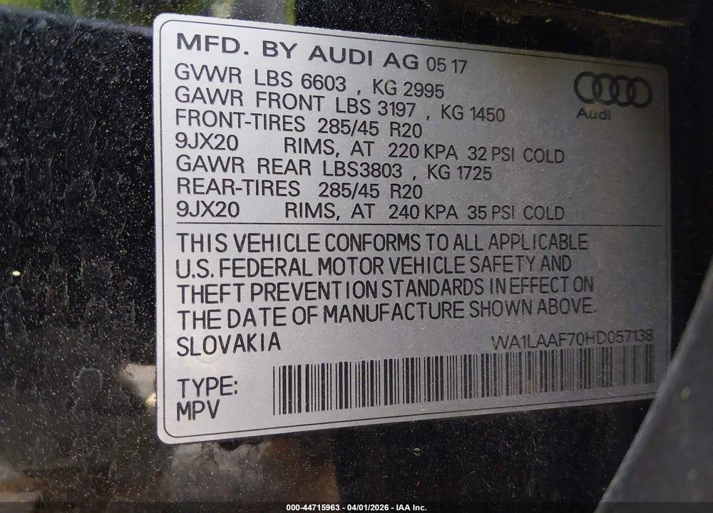 2017 AUDI Q7 3.0T PREMIUM VIN: WA1LAAF70HD057138