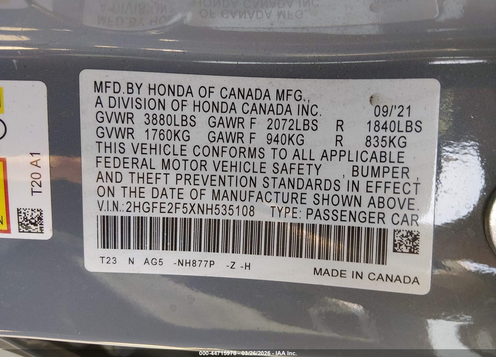 2022 HONDA CIVIC SPORT VIN: 2HGFE2F5XNH535108
