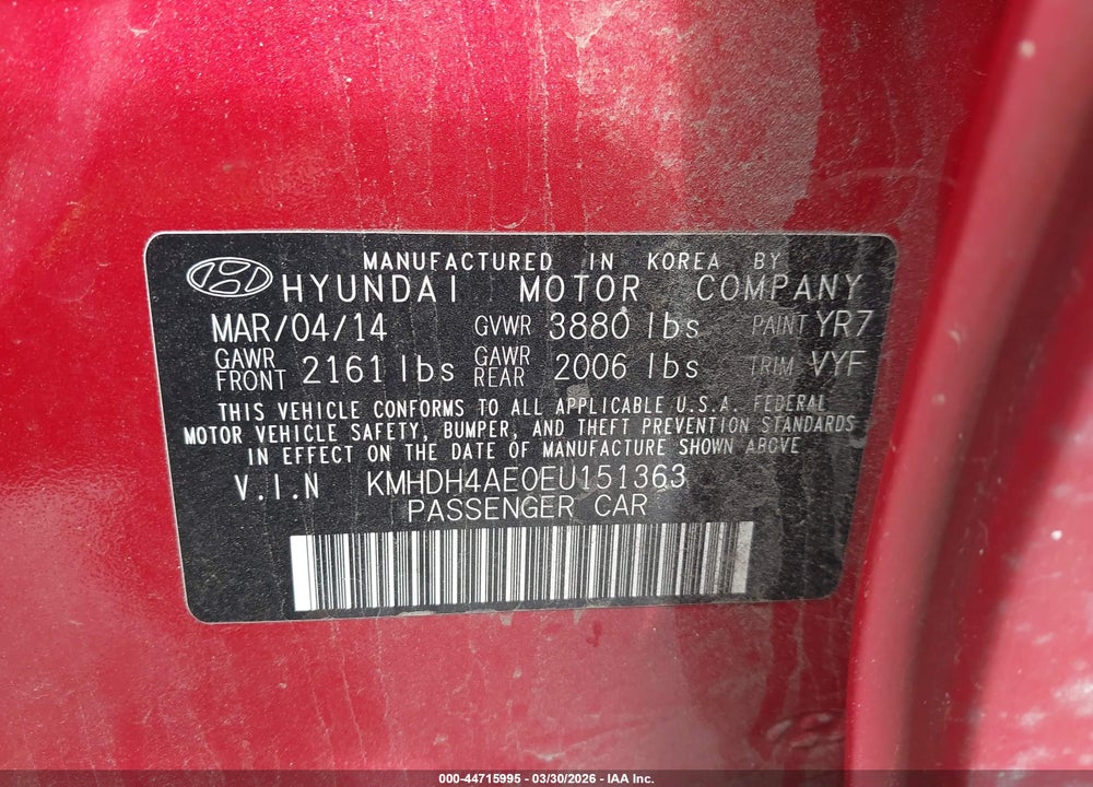 2014 HYUNDAI ELANTRA SE VIN: KMHDH4AE0EU151363