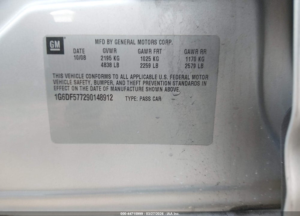 2009 CADILLAC CTS STANDARD VIN: 1G6DF577290148912