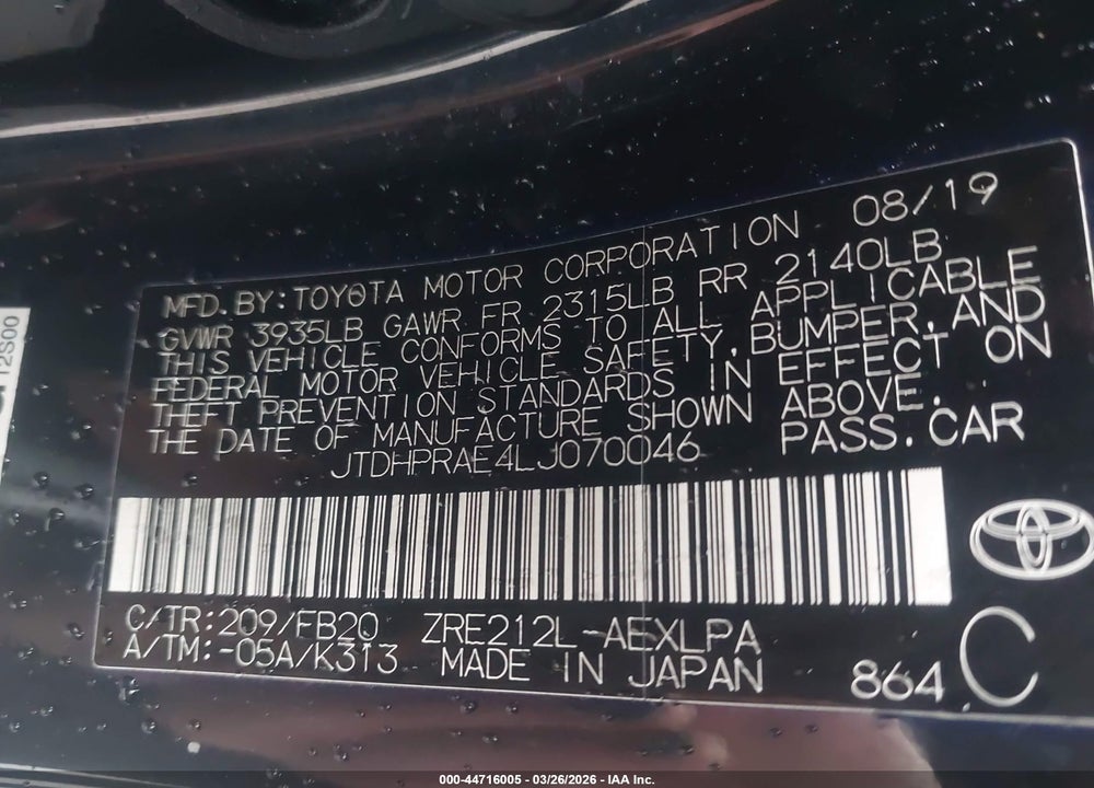 2020 TOYOTA COROLLA LE VIN: JTDHPRAE4LJ070046
