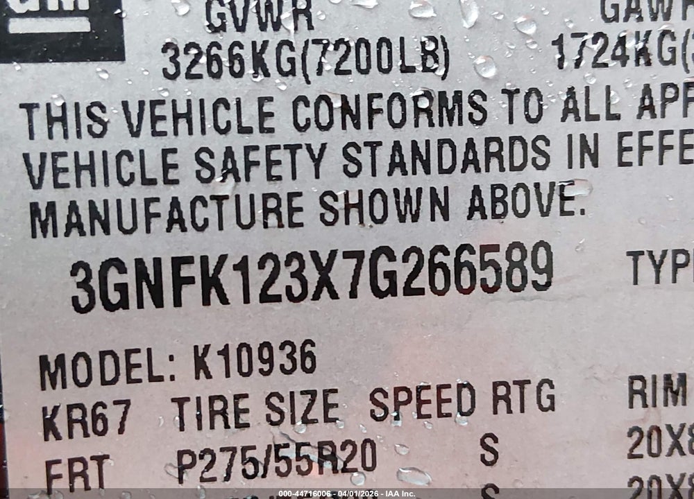 2007 CHEVROLET AVALANCHE 1500 LTZ VIN: 3GNFK123X7G266589