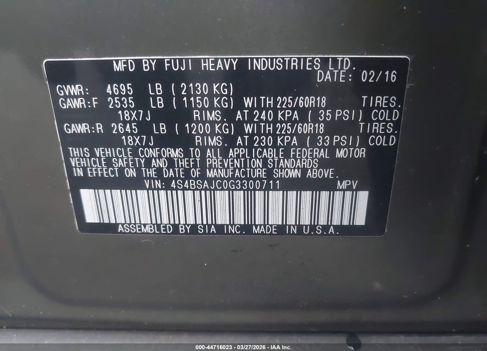 2016 SUBARU OUTBACK 2.5I LIMITED VIN: 4S4BSAJC0G3300711