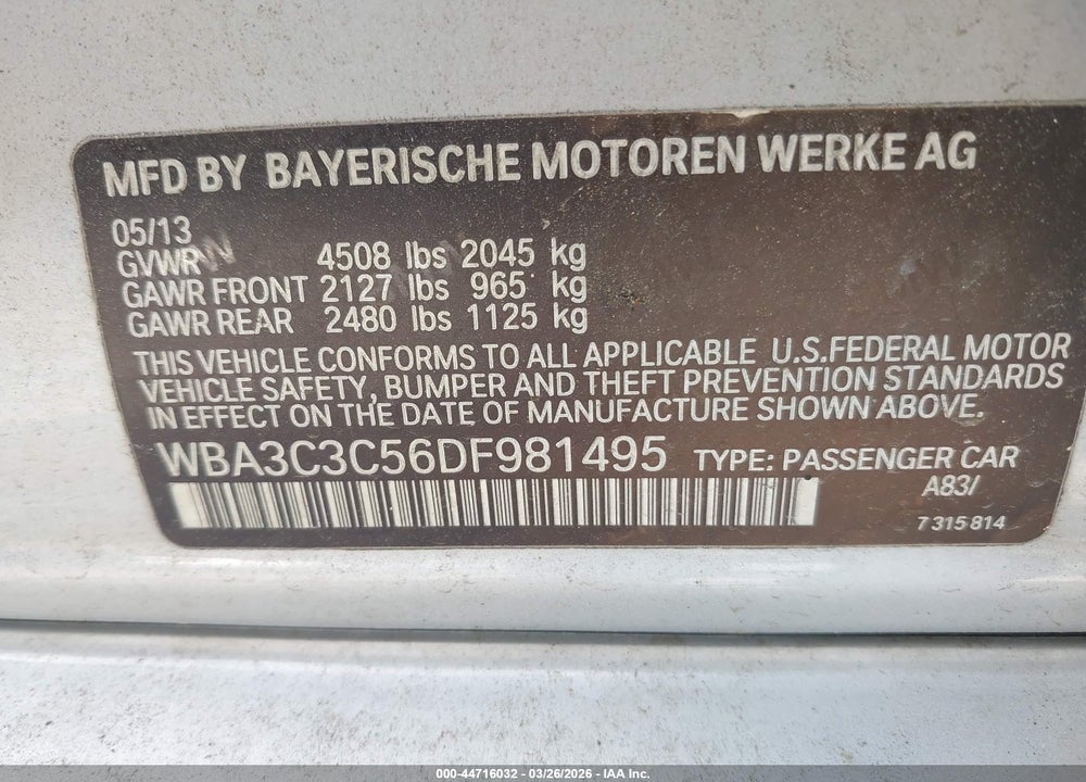 2013 BMW 320I XDRIVE VIN: WBA3C3C56DF981495