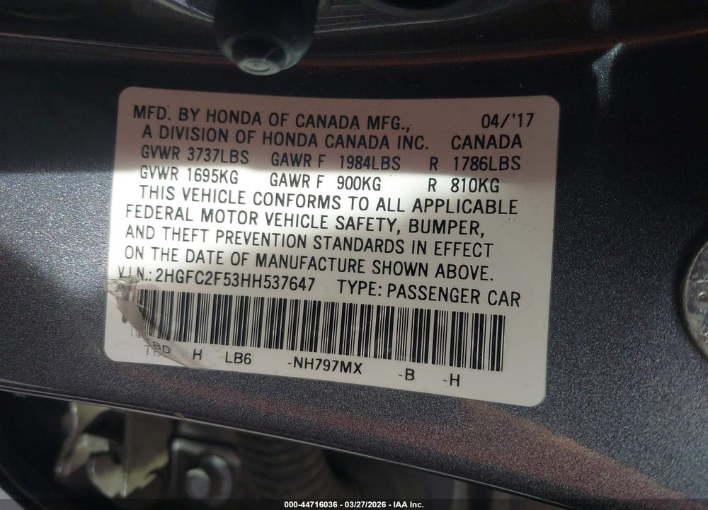 2017 HONDA CIVIC LX VIN: 2HGFC2F53HH537647