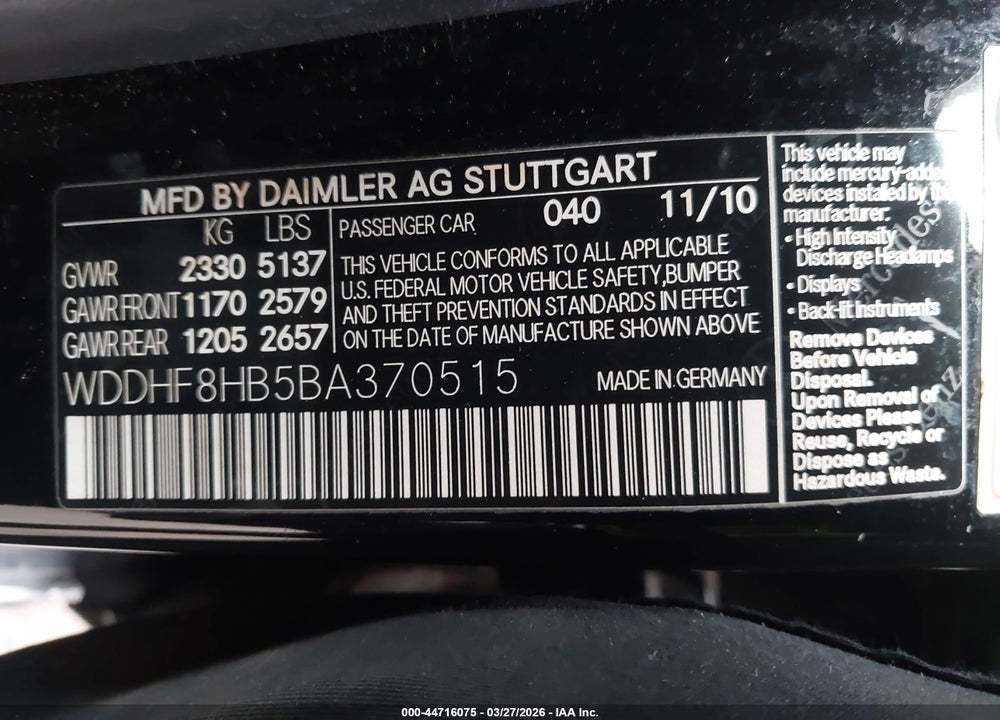 2011 MERCEDES-BENZ E 350 4MATIC VIN: WDDHF8HB5BA370515