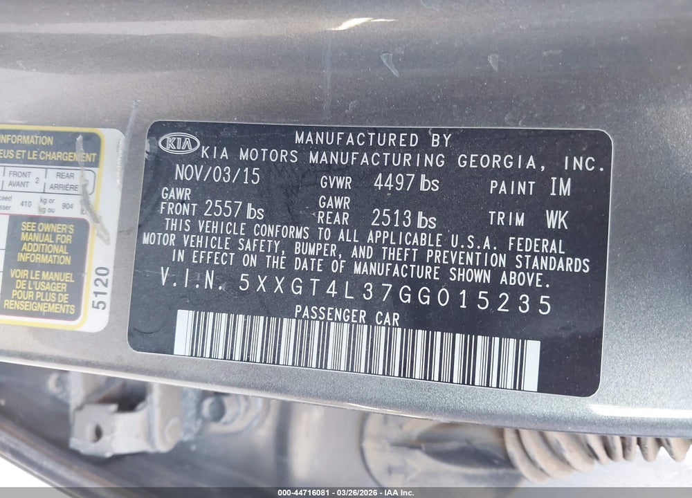 2016 KIA OPTIMA LX VIN: 5XXGT4L37GG015235