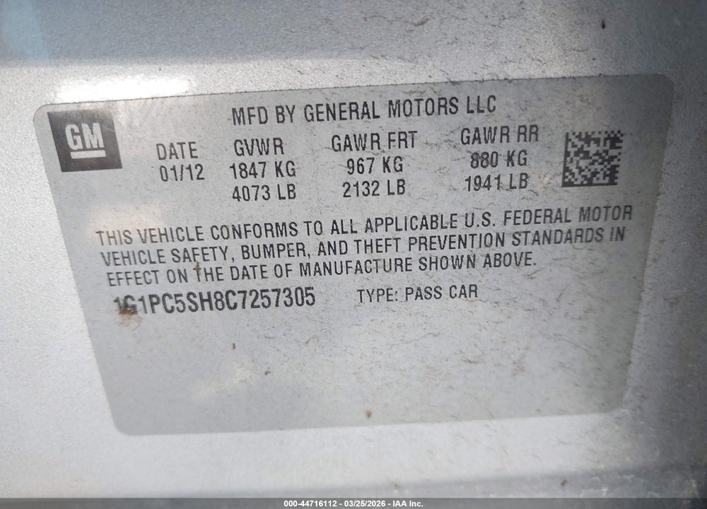 2012 CHEVROLET CRUZE LS VIN: 1G1PC5SH8C7257305