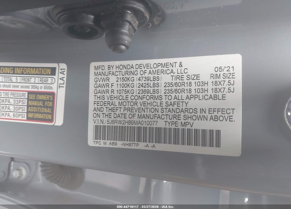 2021 HONDA CR-V AWD EX-L VIN: 5J6RW2H89MA010077