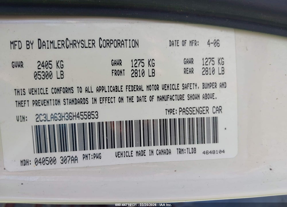 2006 CHRYSLER 300C VIN: 2C3LA63H36H455853