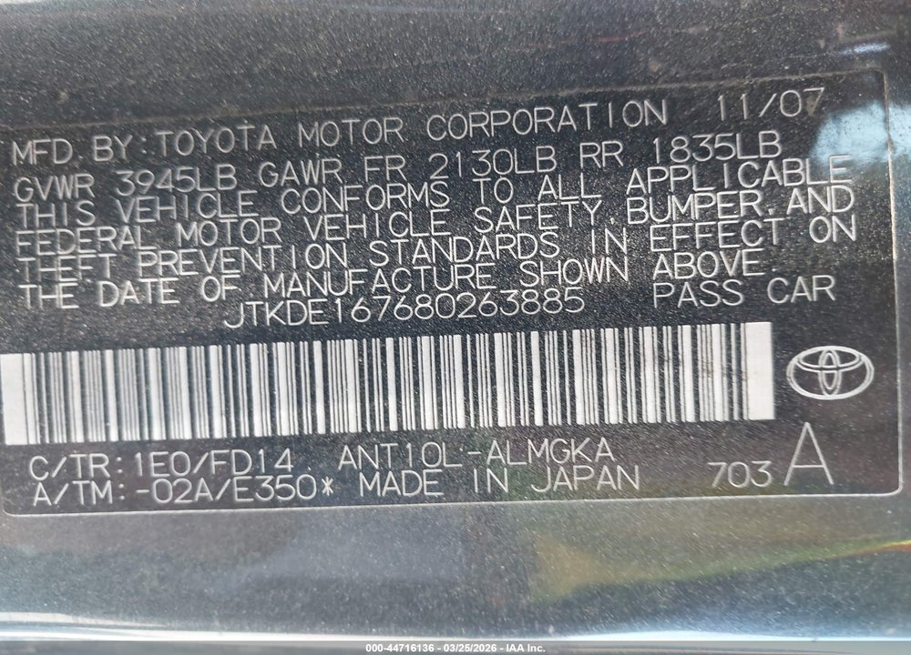 2008 SCION TC VIN: JTKDE167680263885