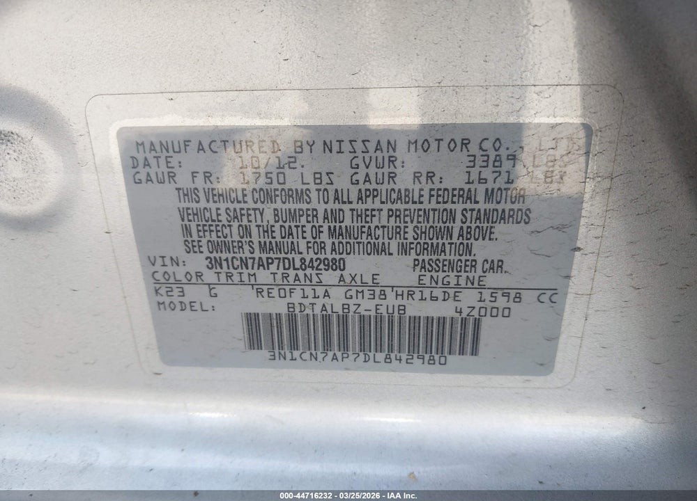 2013 NISSAN VERSA 1.6 SV VIN: 3N1CN7AP7DL842980