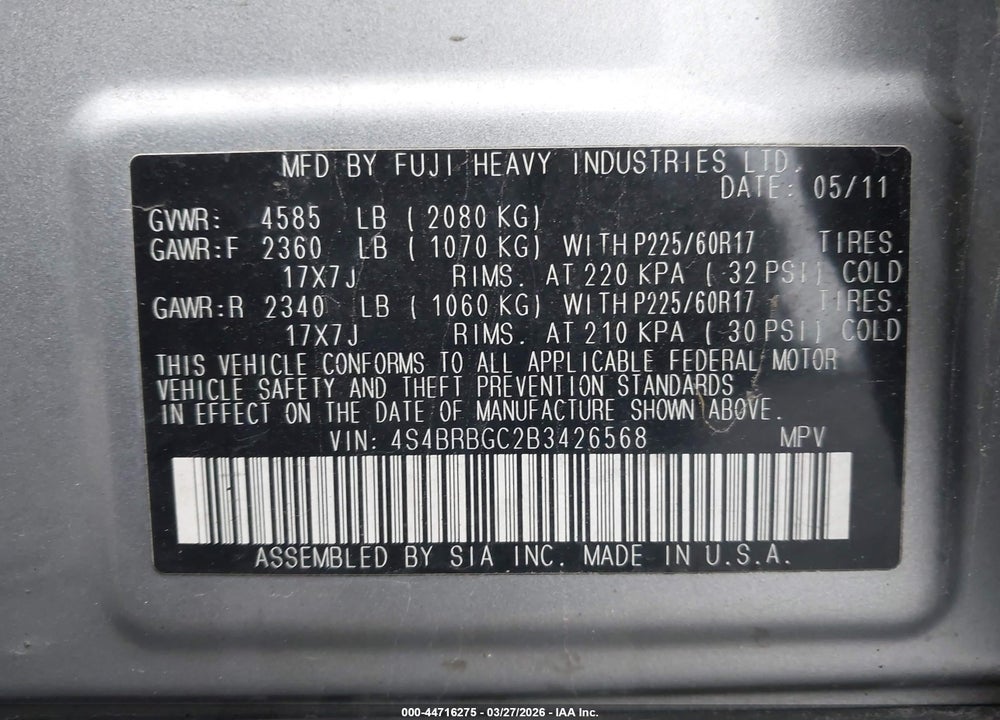 2011 SUBARU OUTBACK 2.5I PREMIUM VIN: 4S4BRBGC2B3426568