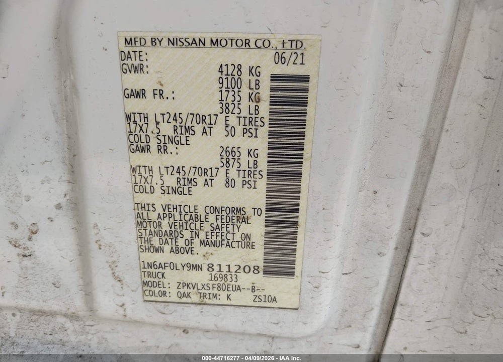2021 NISSAN NV CARGO NV2500 HD SV HIGH ROOF V8 VIN: 1N6AF0LY9MN811208