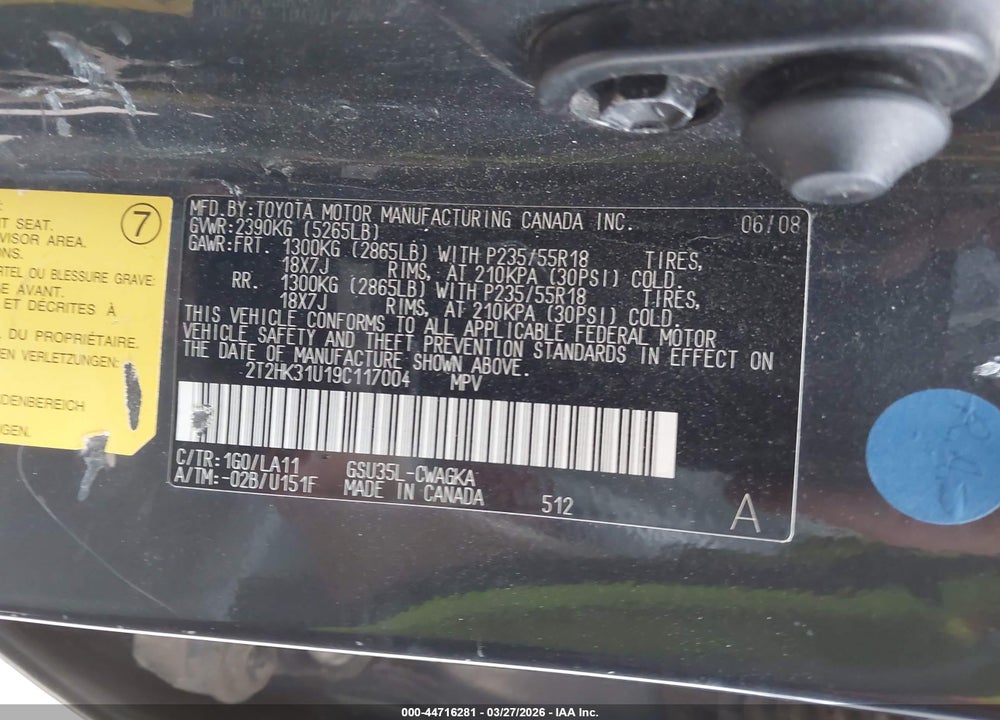 2009 LEXUS RX 350 VIN: 2T2HK31U19C117004