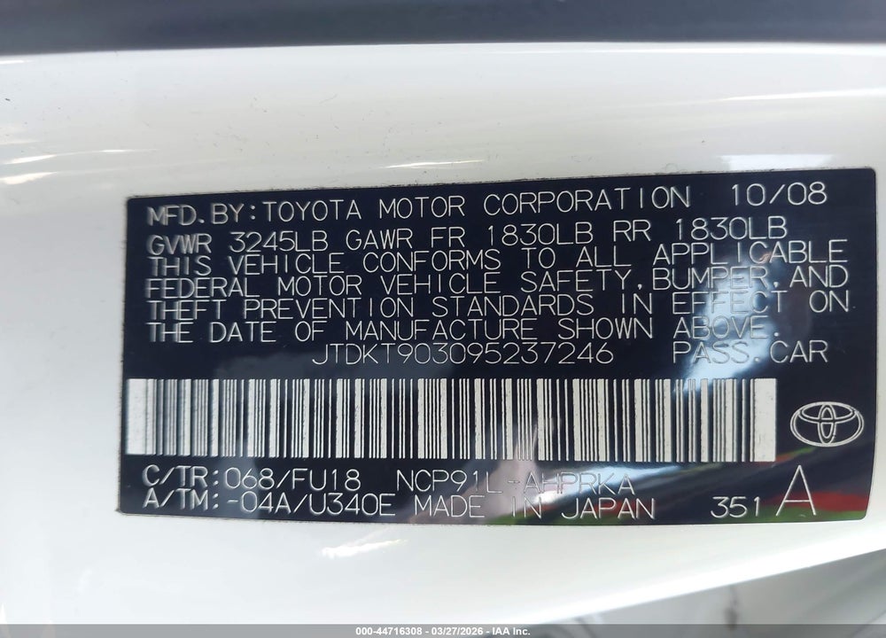 2009 TOYOTA YARIS VIN: JTDKT903095237246