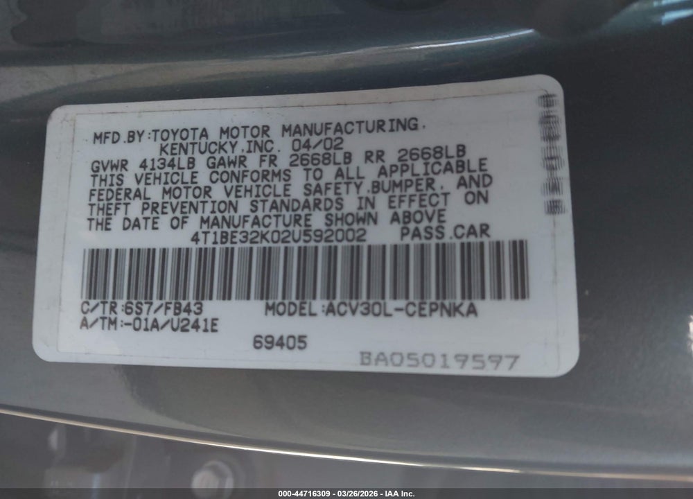 2002 TOYOTA CAMRY LE VIN: 4T1BE32K02U592002