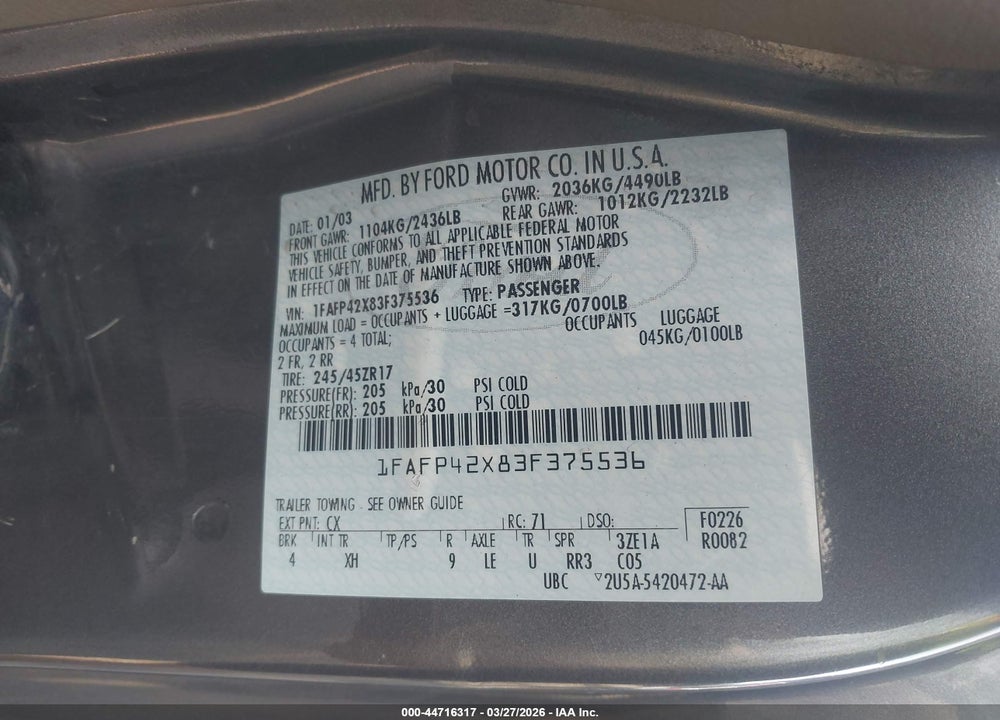 2003 FORD MUSTANG GT VIN: 1FAFP42X83F375536