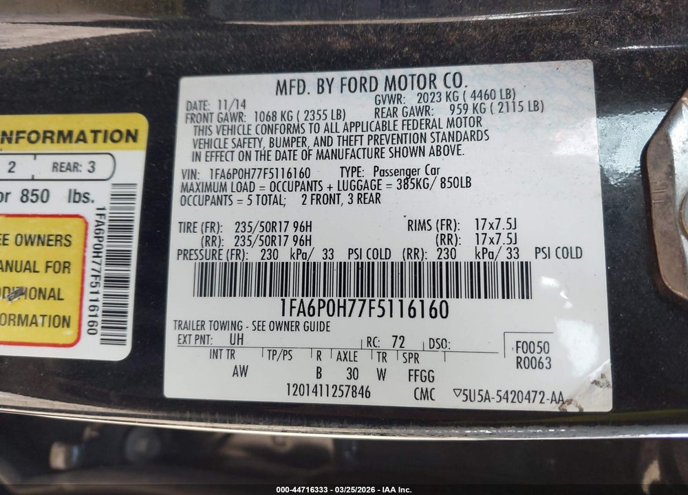 2015 FORD FUSION SE VIN: 1FA6P0H77F5116160