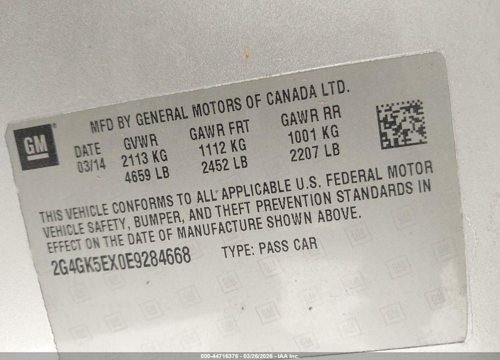 2014 BUICK REGAL TURBO VIN: 2G4GK5EX0E9284668