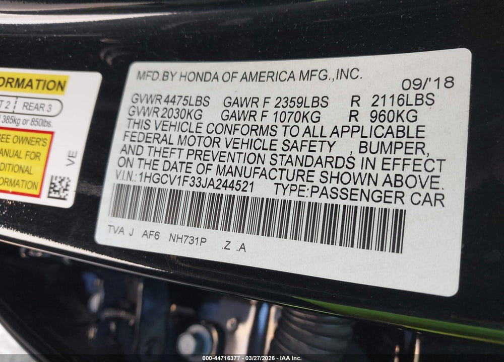2018 HONDA ACCORD SPORT VIN: 1HGCV1F33JA244521