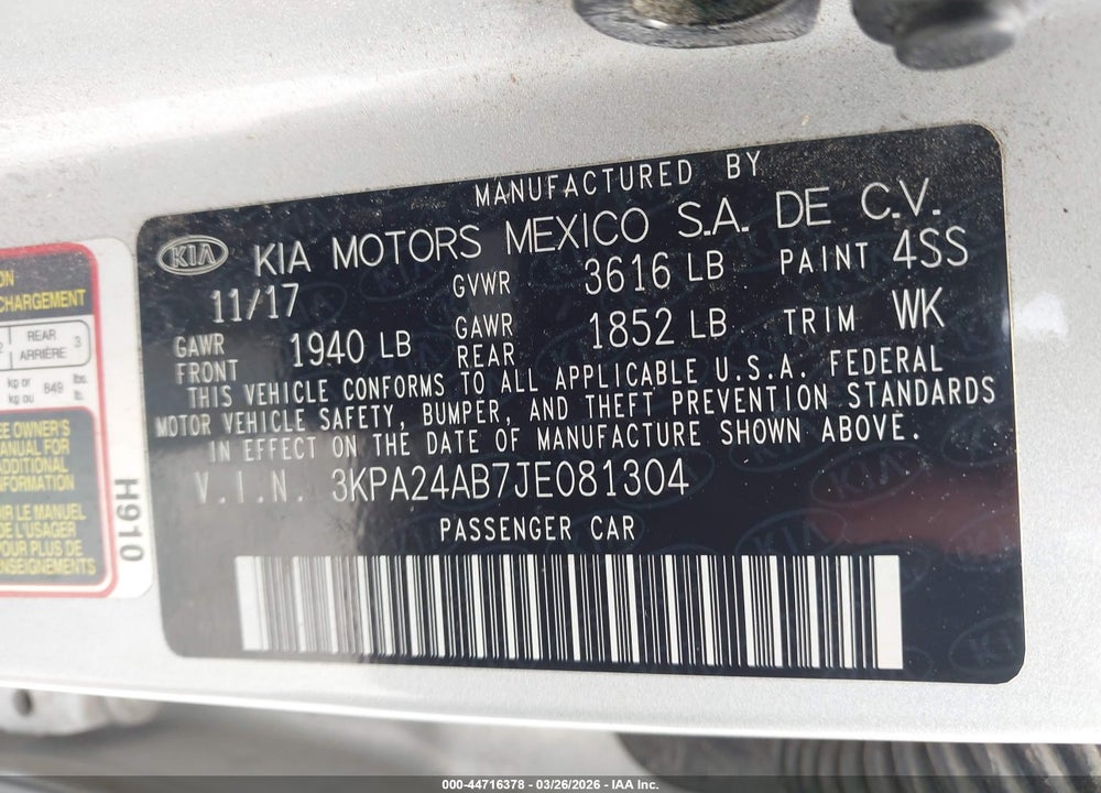 2018 KIA RIO S VIN: 3KPA24AB7JE081304
