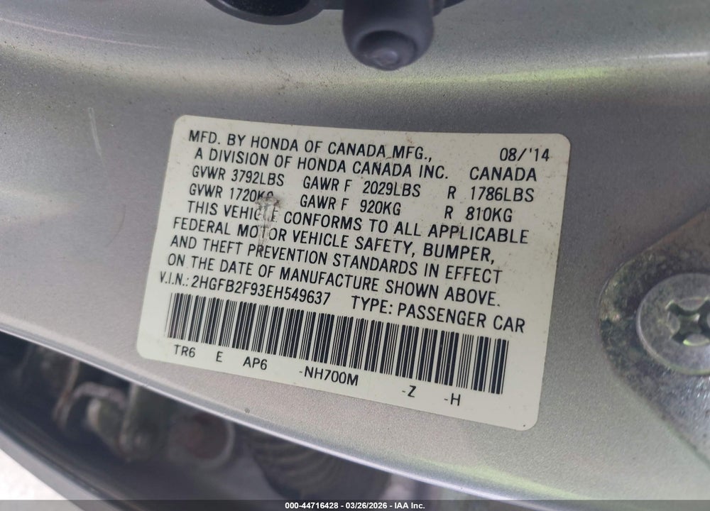 2014 HONDA CIVIC EX-L VIN: 2HGFB2F93EH549637