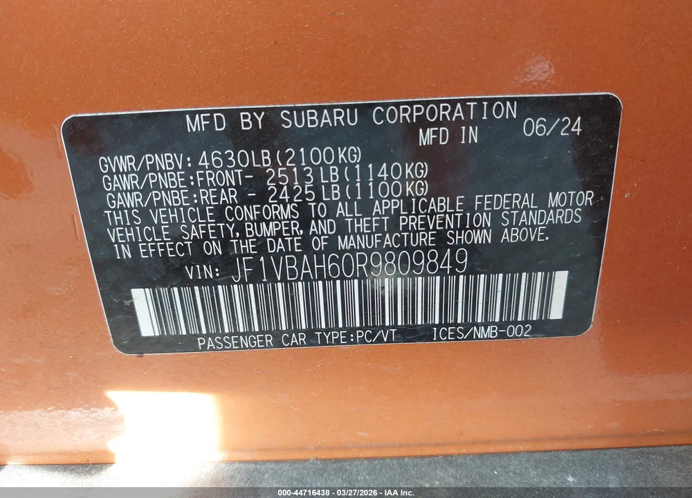 2024 SUBARU WRX PREMIUM VIN: JF1VBAH60R9809849