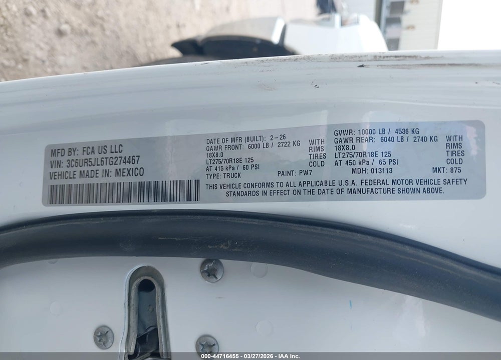 2026 RAM 2500 VIN: 3C6UR5JL6TG274467
