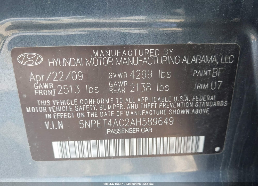 2010 HYUNDAI SONATA GLS VIN: 5NPET4AC2AH589649